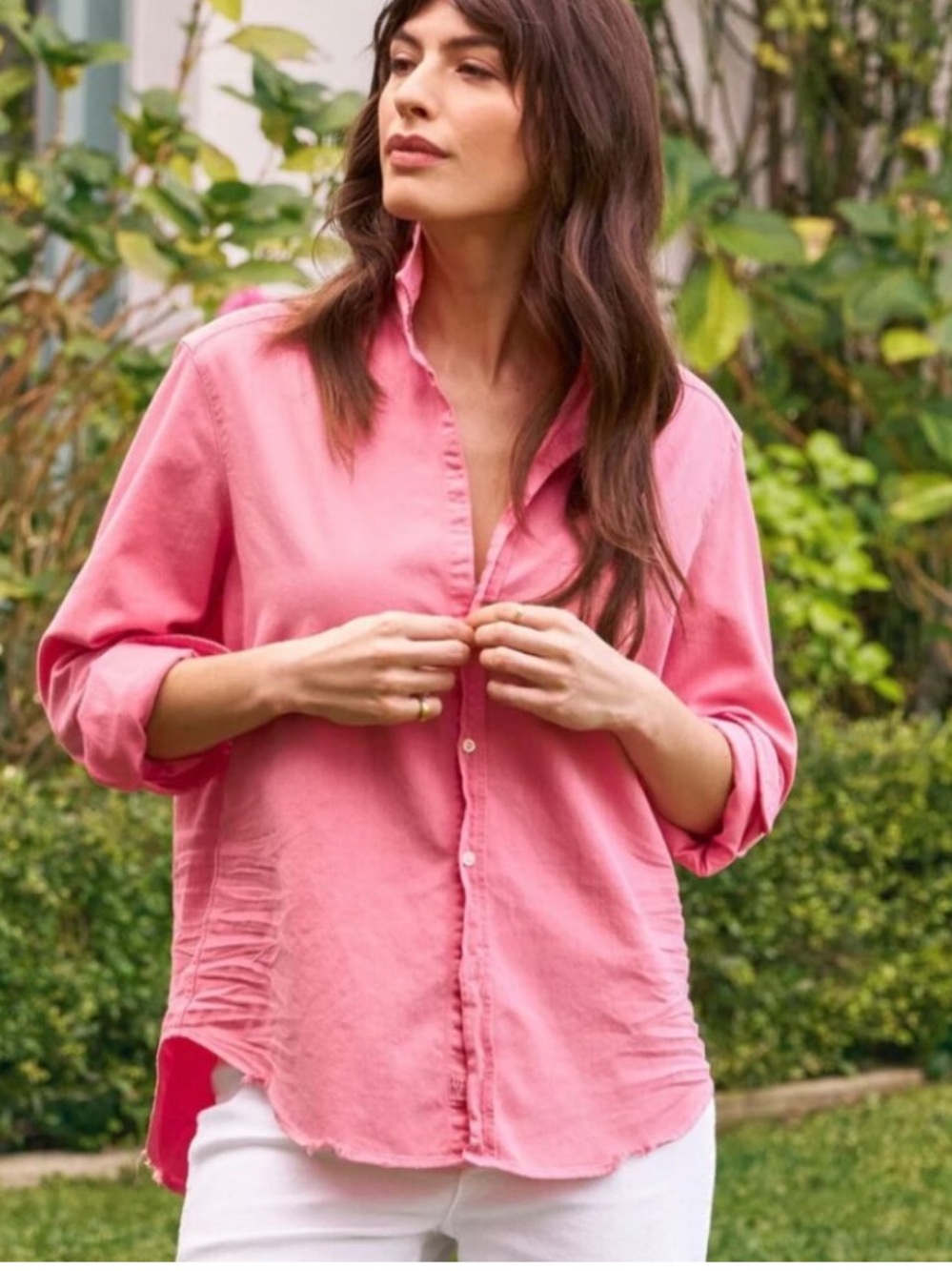 Frank & Eileen Barry bright pink distressed button down shirt Sz L